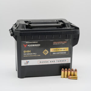 9mm Luger - Hyperion Munitions Brassback - 115gr FMJ Brass Plated Steel Case - 500 Round Can